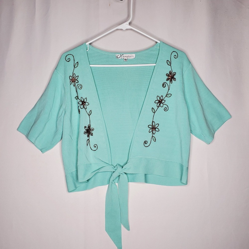 Dressbarn Cardigan Shrug 16W Aqua Mint Floral Embroidered Tie Front Short Sleeve